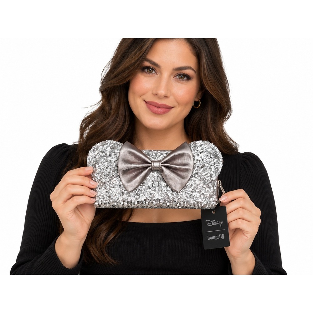 DISNEY x LOUNGEFLY Minnie Mouse Silver Sequin Bow Zip Around Wallet NWT